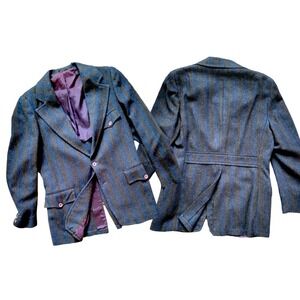 Vintage 70s Men's Wool Herringbone Stripe Blue‎ Sportcoat 42R With Back Belt